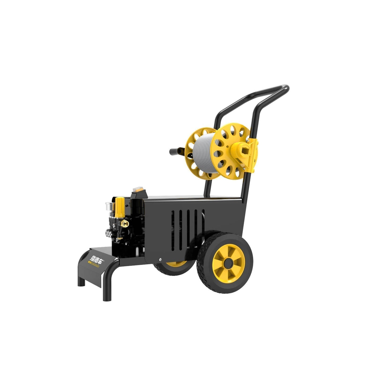 Petrol pressure washer cart with a top-mounted hose reel