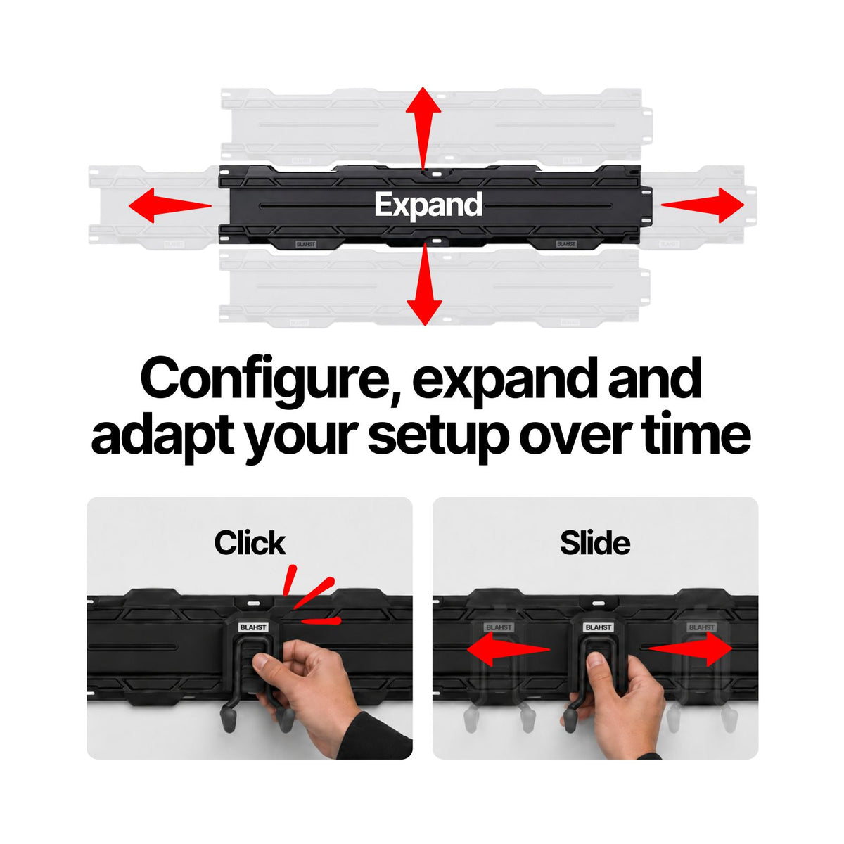Graphic showing a BLAHST Modular rail expanding and hooks clicking and sliding into place