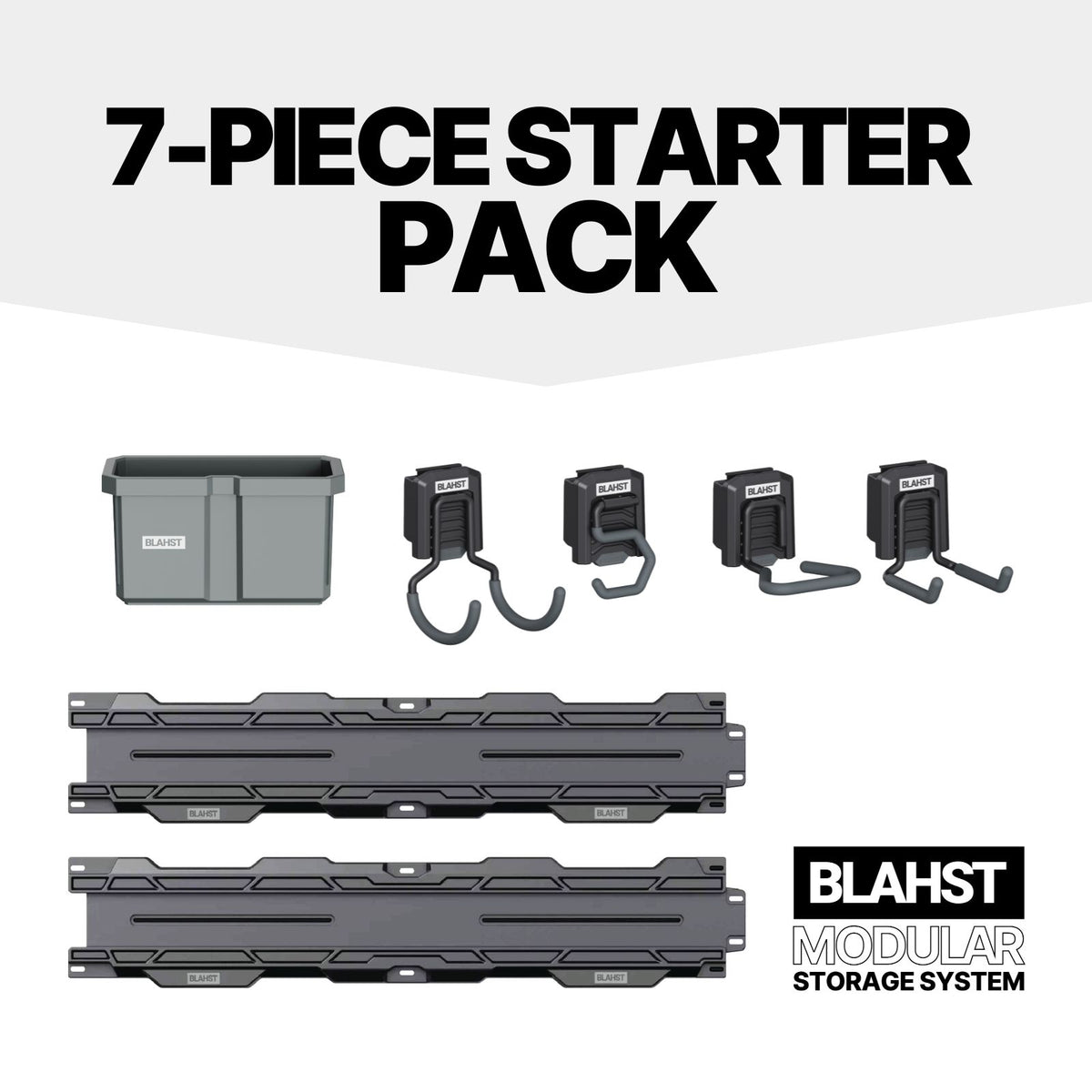BLAHST Modular 7 pc Starter Bundle graphic showing a tub, hooks and two wall rails
