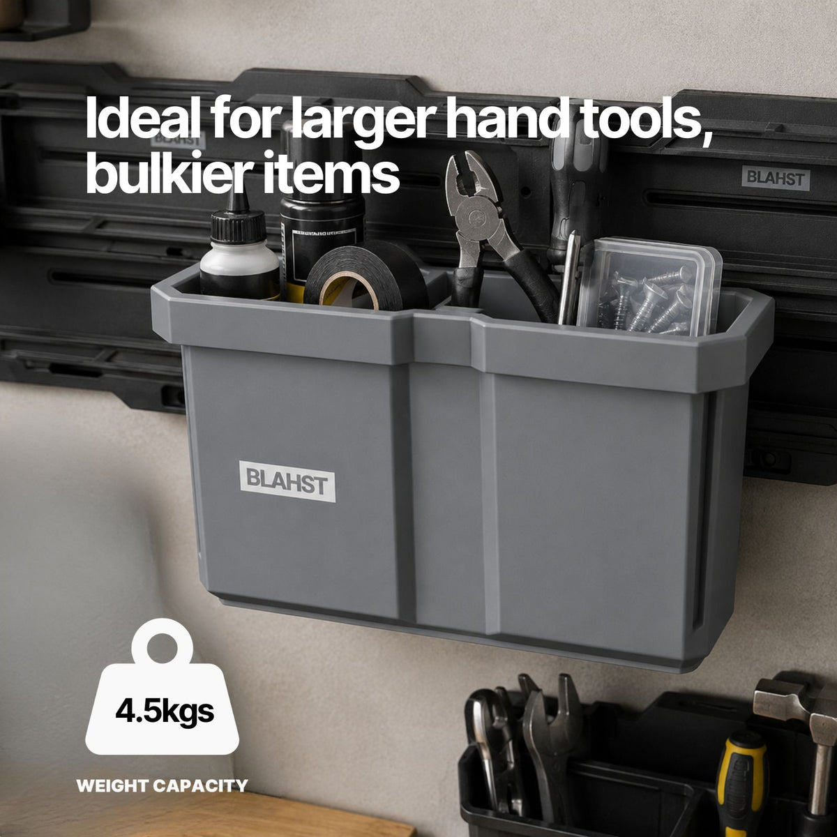 Pliers, tape and screws stored in a BLAHST Modular Double Tub mounted on a garage wall rail