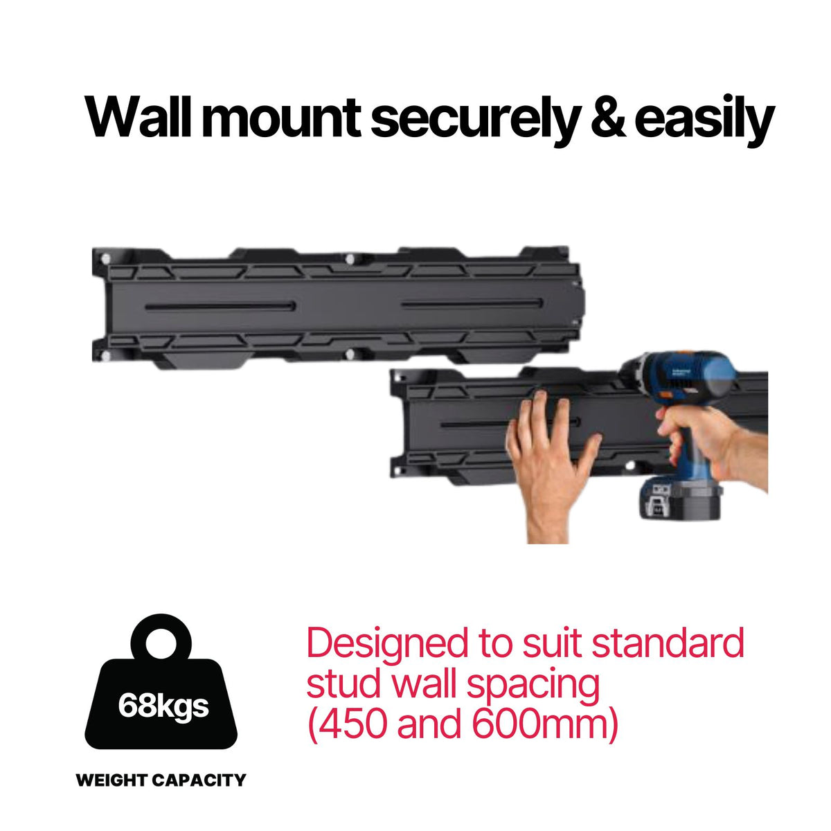 Hands using a drill to mount a BLAHST Modular Rails x 2 Pack rail onto a wall