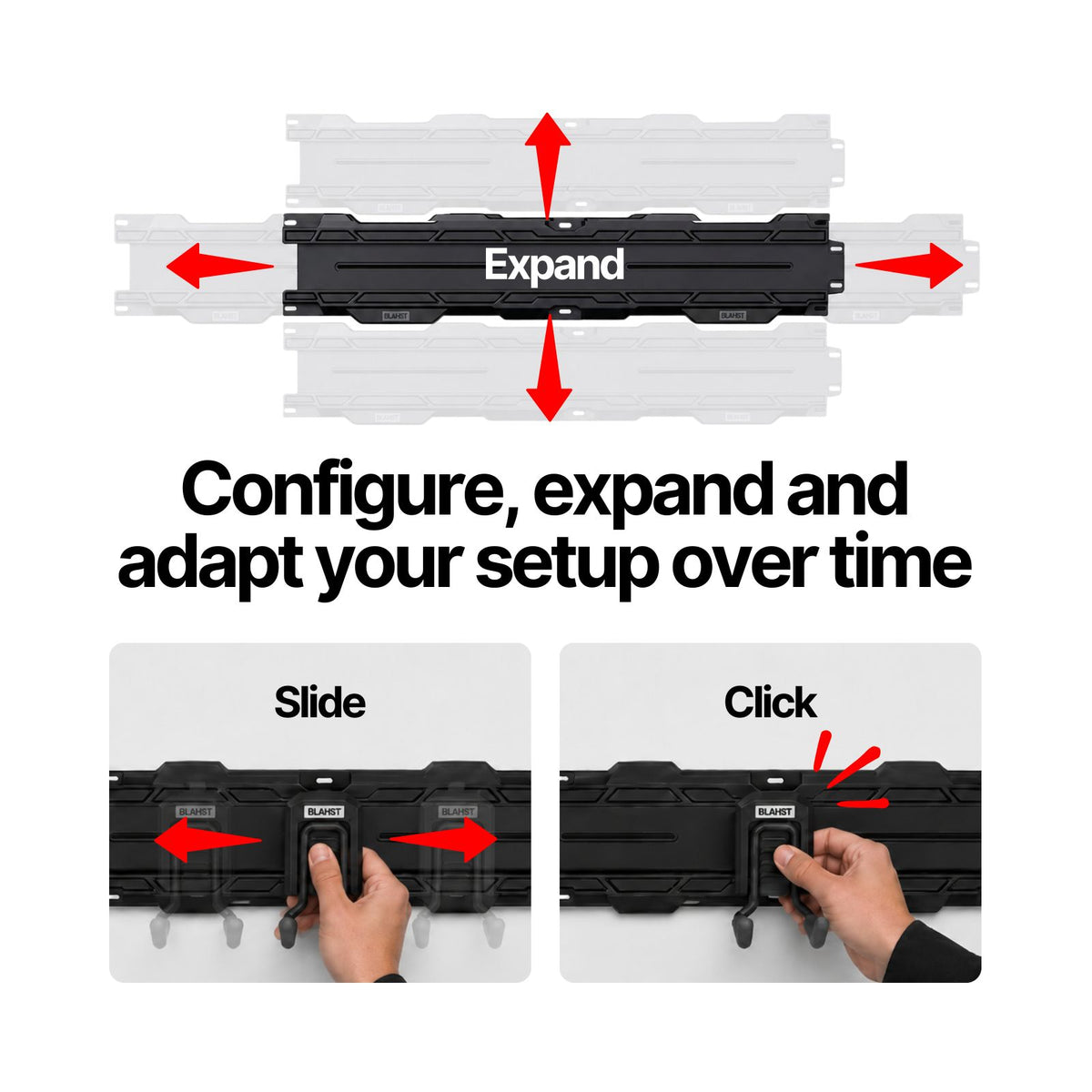 Graphic showing a BLAHST Modular rail expanding and hooks clicking and sliding into place