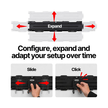 Graphic showing a BLAHST Modular rail expanding and hooks clicking and sliding into place