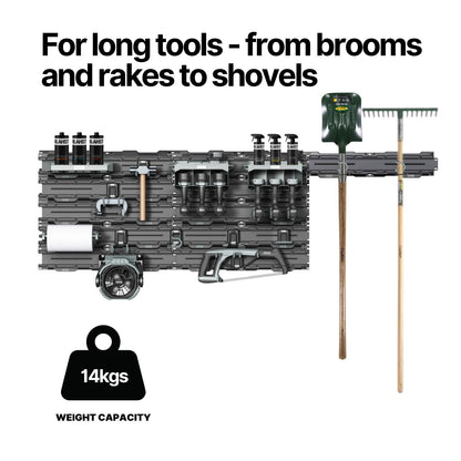 Rake, shovel, blower and other tools stored on a BLAHST Modular wall rail system