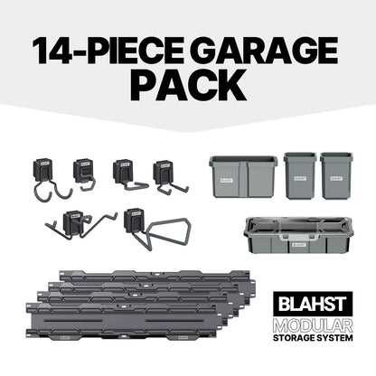 BLAHST Modular 14 pc Garage Bundle graphic showing hooks, tubs, a tool tray and wall rails