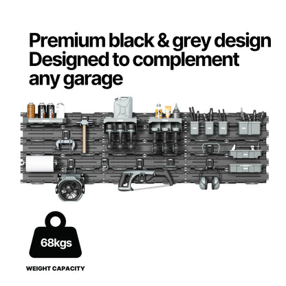 Overhead view of tools, bottles and a power tool mounted on a black and grey BLAHST Modular rail
