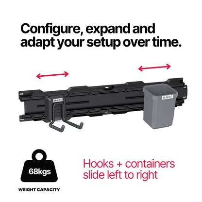 BLAHST Modular rail with a hook and a grey tub attached, arrows showing them sliding along it