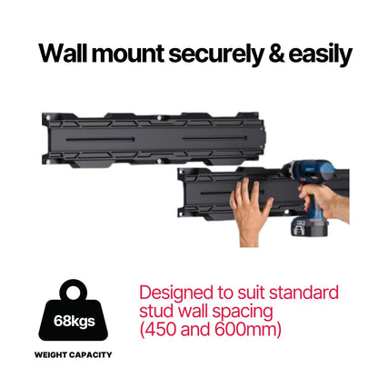 Hands using a drill to mount a BLAHST Modular Rails x 2 Pack rail onto a wall