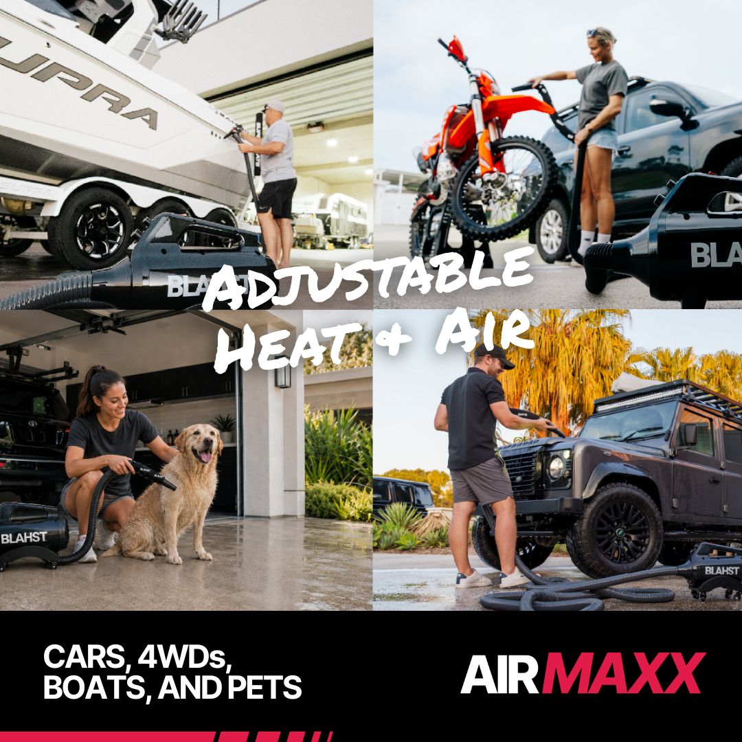 BLAHST Air Maxx Dryer wall mount kit graphic with the hose stored on a wall bracket