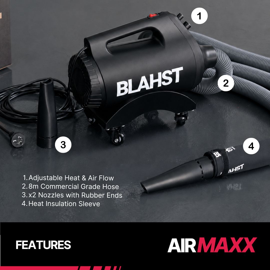 BLAHST Air Maxx Dryer unit with hose coiled on a wall mount bracket