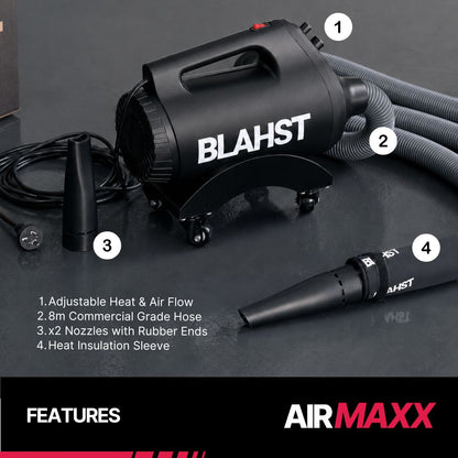 BLAHST Air Maxx Dryer unit with hose coiled on a wall mount bracket