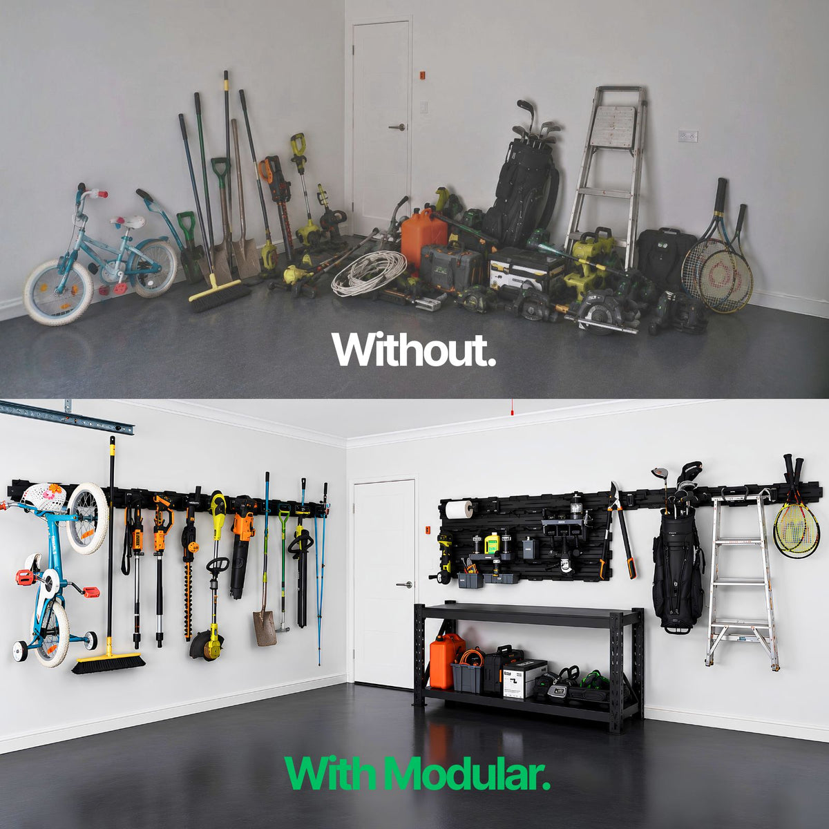 Before and after graphic comparing a cluttered garage floor with tools on BLAHST Modular wall rails