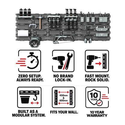 Icon graphic showing BLAHST Modular Power Tool Hook setup, mounting and wall fit features