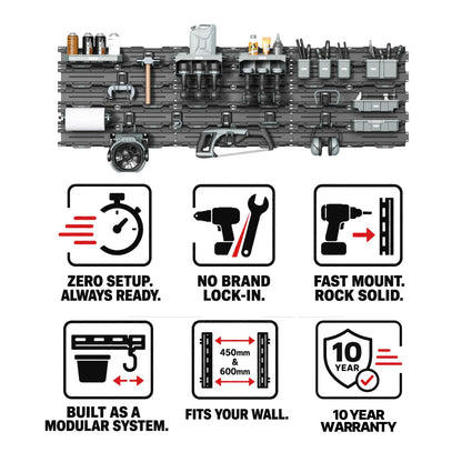 Icon graphic showing BLAHST Modular rail, hook and storage features for garage wall organisation