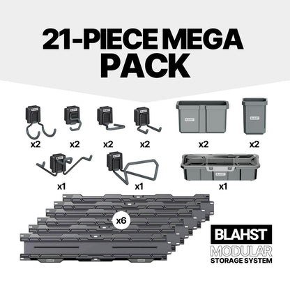 BLAHST Modular 21 pc MEGA Bundle graphic showing hooks, tubs, a tool tray and six wall rails