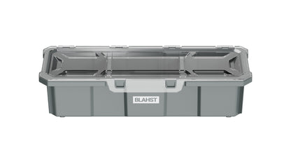 BLAHST wall mounted storage tub with a clear hinged lid, shown open