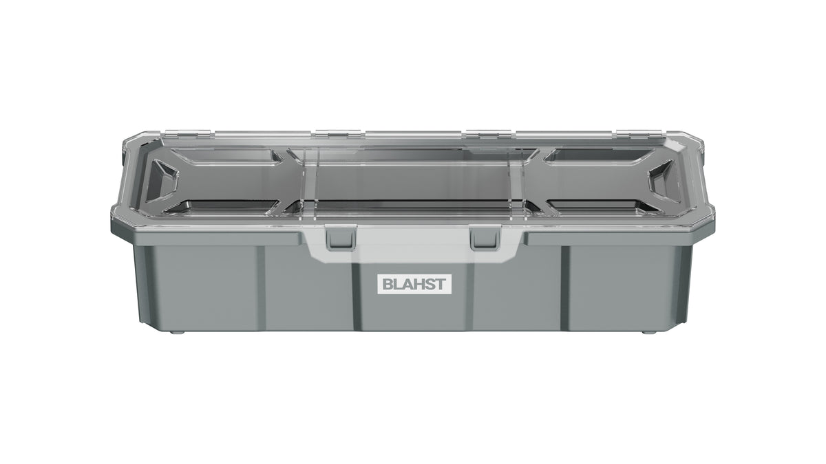 BLAHST wall mounted storage tub with a clear hinged lid, shown open